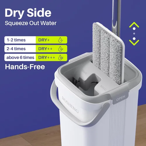 Miniatura 3 de BOSHENG Juego de trapeador y cubo, trapeadores planos para limpieza de pisos, trapeador de pared con mango extensible de 60 pulgadas, mopa de piso