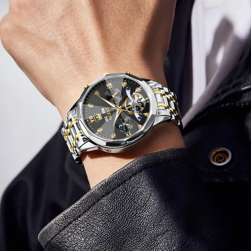 Miniatura 12 de OLEVS Reloj de pulsera automático con diseño de esqueleto para hombre, de lujo, con diamantes de lujo, de acero inoxidable, calendario, reloj