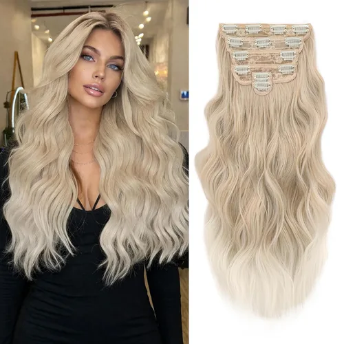 Miniatura 42 de NAYOO Extensiones de cabello con clip, de 20 pulgadas, largo, ondulado, rizado, rubio ceniza, extensiones de cabello sintético de cabeza completa