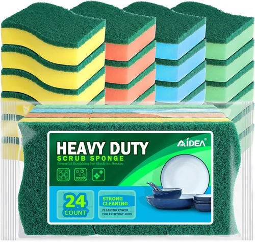 AIDEA Esponjas de cocina, paquete de 24 esponjas de platos resistentes, esponja de limpieza para el hogar y la cocina, suministros de limpieza sin
