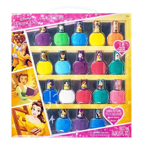 Townley Girl Disney Princess Belle - Juego de 18 esmaltes de uñas a base de agua, secado rápido y despegable, juego de pintura de uñas para niñas,