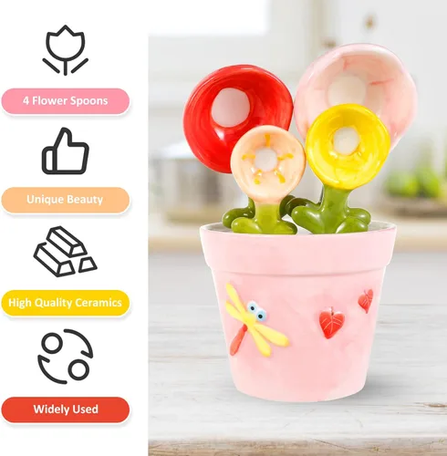 Miniatura 7 de Juego de 4 cucharas medidoras de flores de cerámica con base, maceta decorativa y juego de tazas para el hogar y la cocina (rosa)