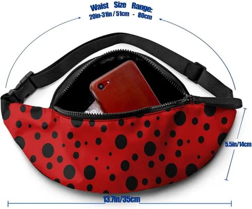 Miniatura 2 de Dujiea Riñonera con agujero para auriculares, bolsillo ajustable, bolsa de cadera para mujeres, hombres y niños, Lunares Mariquita