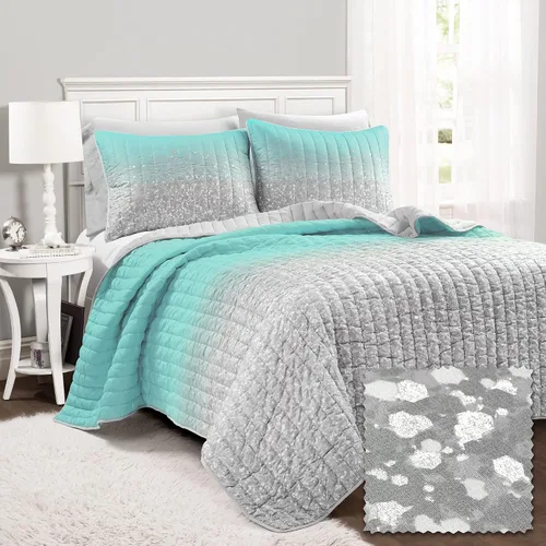 Miniatura 2 de Lush Decor Juego de edredón de 3 piezas con estampado metálico degradado con purpurina, individual, aguamarina y gris
