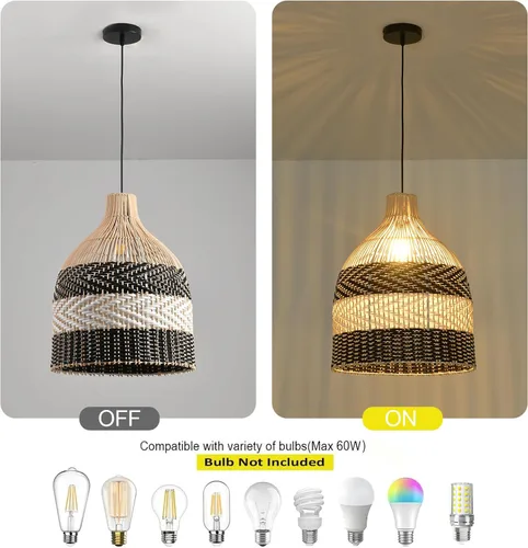 Miniatura 3 de Lámpara Colgante de Ratán 1 Paquete Candelabro de Cesta de Ratán Sintético Negro Blanco 11.8" Boho Tejido a Mano Ovalado de Mimbre Lámpara Colgante