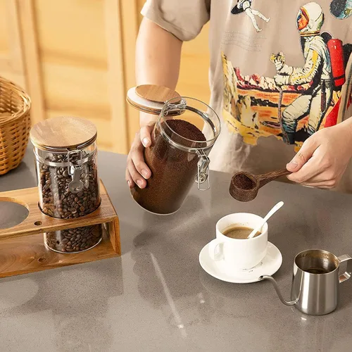 Miniatura 5 de Yangbaga Recipiente de Café de Vidrio con Estante de Madera, Juego de 2×45OZ Recipientes de Café y Azúcar, Recipientes de Café con Tapas Herméticas