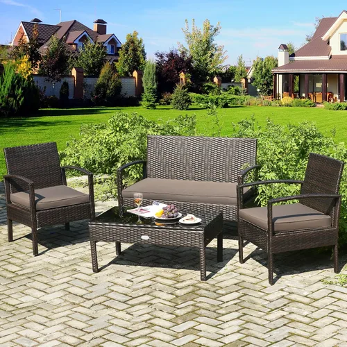 Miniatura 4 de Juego de 4 muebles de patio para exteriores, juego de sofá de mimbre con cojín marrón oscuro resistente al agua y mesa de vidrio templado para patio