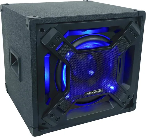Rockville BASS Blaster 10 - Subwoofer de cine en casa de 10 pulgadas con alimentación de 750 W, iluminación LED, entradas/salidas RCA, cruce