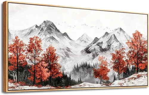 Miniatura 2 de PHAOHUAXM Lienzo decorativo de pared para sala de estar, decoración de pared grande para dormitorio, árbol rojo, tinta, paisaje de montaña, pintura