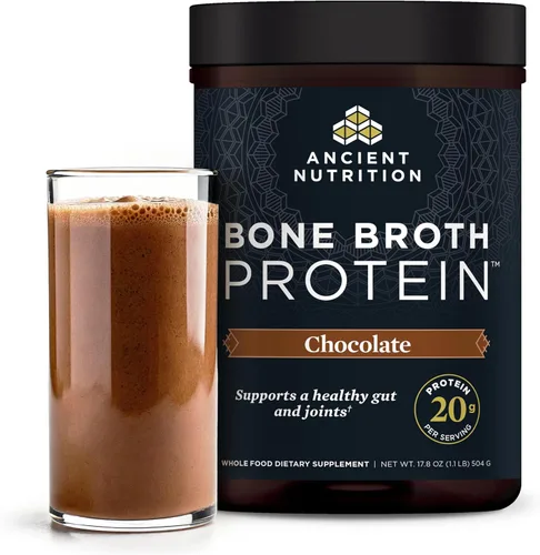 Ancient Nutrition Proteína en polvo hecha de verdadero caldo de huesos, sabor chocolate, 20 g de proteína por porción, envase de 20 porciones,