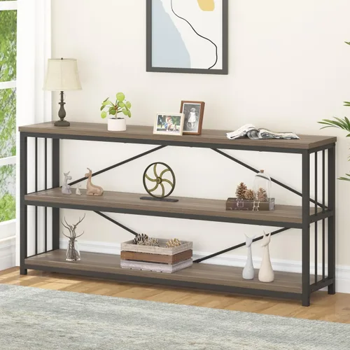 Miniatura 18 de LVB Mesa consola industrial, mesa de sofá de metal y madera, mesa de entrada rústica con almacenamiento, moderno estante de 3 niveles mesa larga