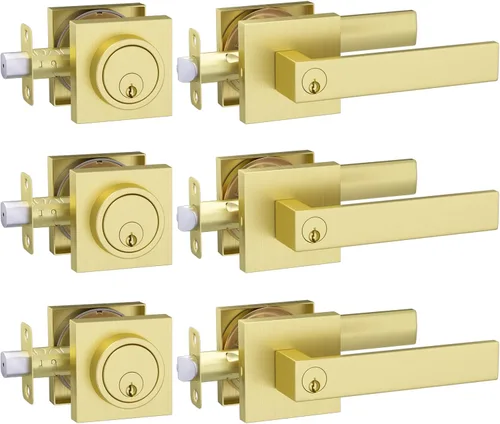Miniatura 14 de Juego de cerradura de puerta exterior de Haidms en oro, juego de manija de puerta delantera y cerrojo, juegos de cerradura de puerta de entrada