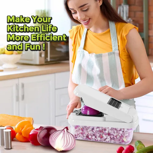 Miniatura 2 de Picador de verduras, picador de alimentos multifuncional 12 en 1, picador profesional de cebolla con 7 cuchillas, cortador de verduras con Blanco
