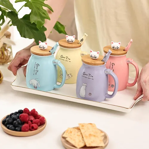 Miniatura 6 de Juego de 2 Tazas de Gato Lindas Juego de Tazas de Té de Gato Taza de Café de Cerámica con Tapa Kawaii y Cuchara Tazas Lindas para Mujeres Niñas