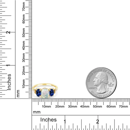 Miniatura 3 de Gem Stone King Anillo de compromiso de oro amarillo de 10 quilates con ópalo blanco de imitación y zafiro azul creado para mujer