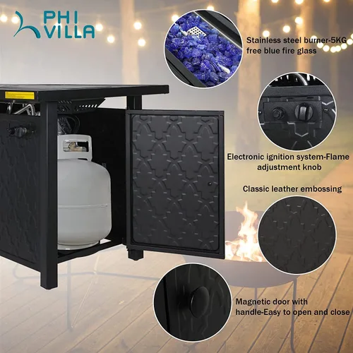 Miniatura 2 de PHI VILLA Mesa para fogata de gas, 45 pulgadas, rectangular, grande, larga, para exteriores, propano 50000 BTU, mesa de fuego con tapa y vidrio azul