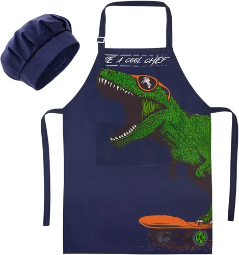 Miniatura 9 de MHJY Delantal infantil y sombrero de chef para niños, delantales ajustables con bolsillos para cocinar, hornear, pintar de 3 a 12 años Verde marino