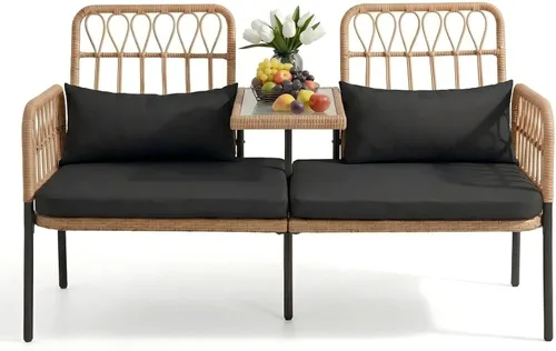 Miniatura 11 de PROHIKER Muebles de Patio Exterior Sofá de Amor de Ratán de 2 Asientos con Mesa Integrada, Almohadas Lumbares y Cojines, Sofá de Amor de Mimbre