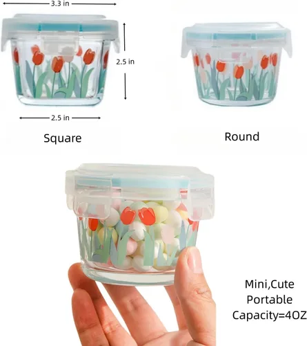 Miniatura 5 de Ivymei Paquete de 2 mini recipientes de vidrio con tapas, pequeños contadores de almacenamiento de alimentos de tulipán para porciones de alimentos
