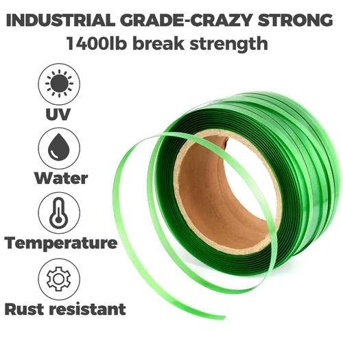 Miniatura 9 de Rollo de bandas de embalaje de alta resistencia, poliéster verde PET de grado industrial, bobina de correa de palé de 1000 x 5/8 x 0.035 pulgadas