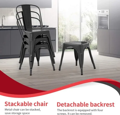 Miniatura 5 de Juego de 4 sillas de comedor de metal para patio, sillas de restaurante de 18 pulgadas, altura de asiento para interiores y exteriores, apilables