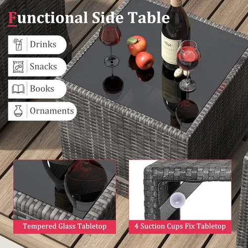 Miniatura 5 de KOTEK Juego de muebles de patio de 3 piezas, juego de conversación de ratán PE para exteriores con cojines lavables y tablero de mesa de vidrio