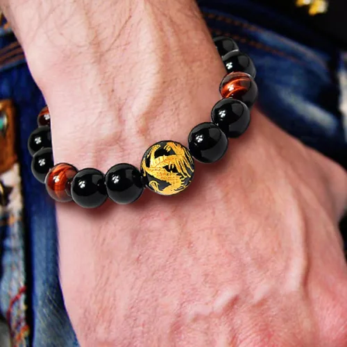 Miniatura 7 de Men's Tiger Eye Stone Elastic Bead Bracelet with Dragon Pattern Bead Dragon & Beaded Bracelet