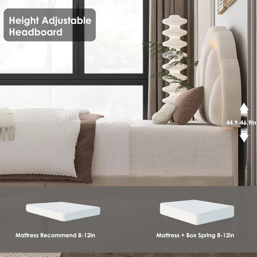 Miniatura 5 de HIFIT Marco de cama LED inteligente tapizado individual con cabecera ajustable de pétalos elegantes, marcos de cama de plataforma tamaño individual