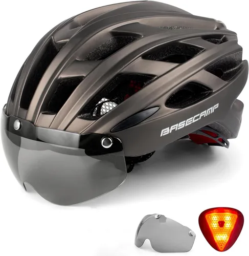 Miniatura 15 de Casco de bicicleta Basecamp con luz trasera y gafas magnéticas desmontables, casco ligero para ciclismo ajustable para hombres y mujeres en montaña