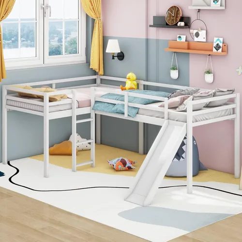Miniatura 10 de Merax Cama doble tipo loft de tamaño individual con tobogán y escalera, marco de cama de madera en forma de L con barandilla de longitud completa