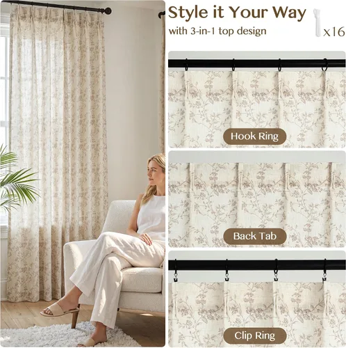Miniatura 4 de Cortinas plisadas semitraslúcidas filtrantes de luz, de mezcla de lino de lujo, para sala de estar, dormitorio, comedor, casa rural estampada, juego