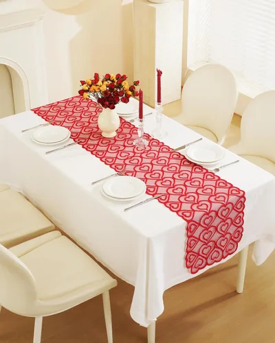 Miniatura 39 de Camino de mesa para el día de San Valentín, decoración del día de San Valentín, 70 pulgadas de largo, bordado rojo y rosa, camino de mesa de corazón