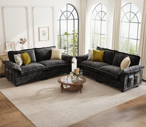 Miniatura 46 de KKL Sofá Seccional Modular de 89 Pulgadas, Sofá de Amor de 2 Asientos Sofá Nube con Asiento Profundo, Sofás Seccionales de Chenilla para Sala