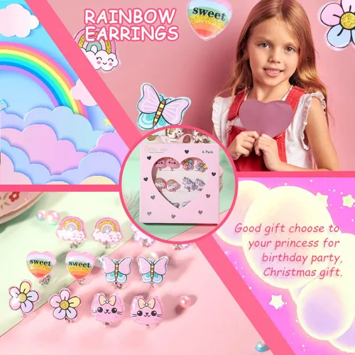 Miniatura 5 de PinkSheep Aretes de clip brillantes para niñas pequeñas, 6 pares de aretes de unicornio, aretes de arco iris para niños, el mejor regalo, Aleación
