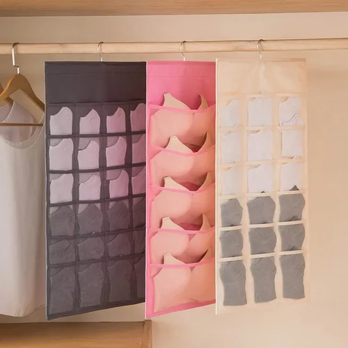 Miniatura 2 de Organizador de almacenamiento colgante para brasier y ropa interior, bolsillos de malla, estantes de pared de doble cara, bolsa ahorradora de Rosa