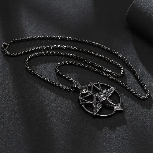 Miniatura 4 de Collar de pentagrama invertido de Satanás Colgante de calavera de cabeza de cabra baphomet de acero inoxidable, joyería satánica de cabra