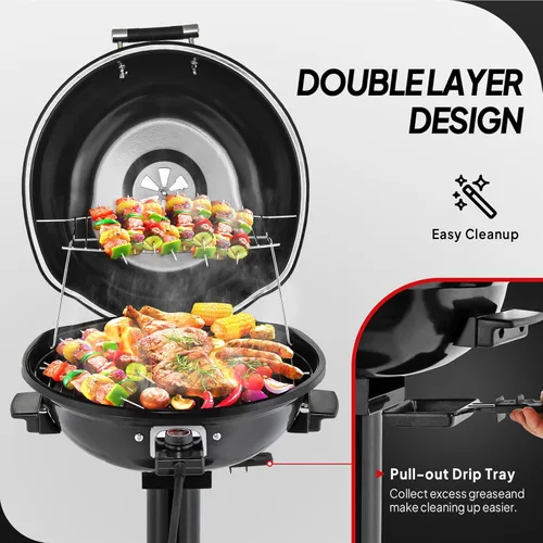 Miniatura 3 de ROVSUN - Parrilla eléctrica vertical de 1600W con tapa, parrilla de acero inoxidable 304 negro con bandeja de goteo extraíble, diseño de doble capa