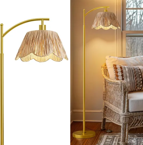 Oneach Lámpara de pie arqueada para sala de estar, lámpara de pie de ratán boho con pantalla tejida a mano, interruptor a pedal, base y poste de Oro