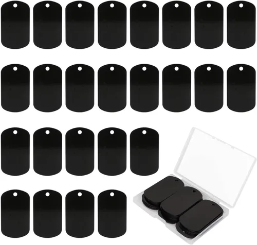 Fesorsi 25 etiquetas de aluminio para grabar, etiquetas rectangulares en blanco, etiquetas militares negras para perros, etiquetas de metal