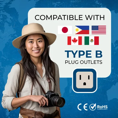 Miniatura 5 de OREI Enchufe adaptador de viaje para Estados Unidos, Japón, Filipinas y más (tipo B) - 2 en 1 - Certificado CE - Cumple con RoHS - Paquete de 2
