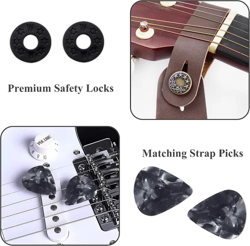Miniatura 4 de Correa ajustable para guitarra incluye 2 cierres de correa y 2 púas a juego y 1 portapúas y 1 botón de correa de cuero.