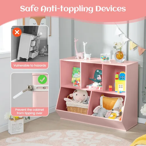 Miniatura 5 de Costzon Organizadores de juguetes y almacenamiento con estantería, estante de madera para libros infantiles de 5 cubículos, gabinete de Rosado