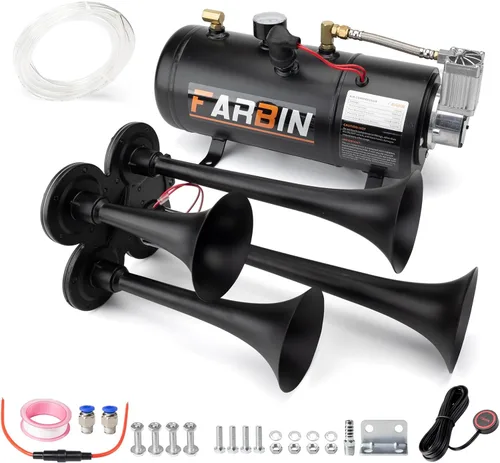 Miniatura 10 de FARBIN - Bocina de tren para camión, 178 dB, superpotente, con 4 trompetas, incluye compresor de aire 12 V de 150 PSI y tanque de 6 l (1.6 gal)