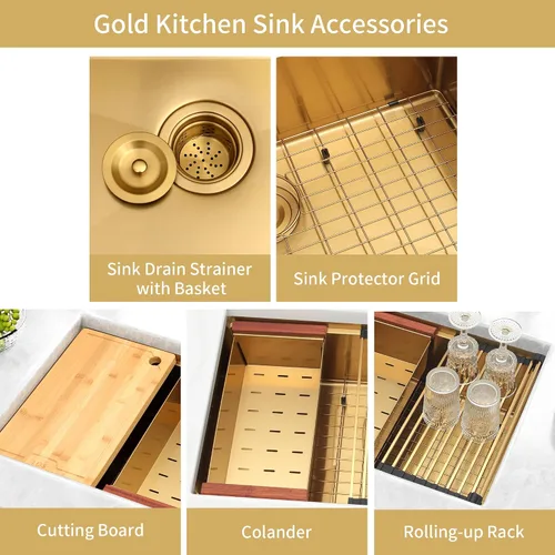 Miniatura 6 de LQS Fregadero de cocina dorado, fregadero de cocina dorado de 32 pulgadas, fregadero de cocina de calibre 16 de acero inoxidable de 32 x 19 pulgadas