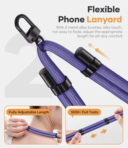 Miniatura 4 de SSLOTSCASE Cordón cruzado para teléfono con 2 pestañas transparentes de TPU, correa de cuello doble flexible multifuncional, mosquetón resistente