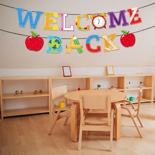 Miniatura 4 de Cartel de regreso a clases con texto en inglés "Welcome Back Words" para colgar en el día de regreso a la escuela, decoración de fiesta