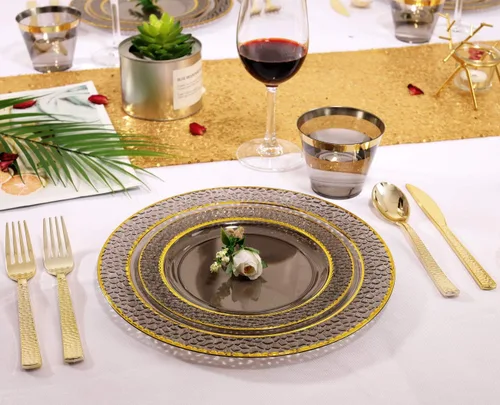 Miniatura 7 de Nervure - 150 piezas de platos de plástico negro transparente - Platos de fiesta dorados - Set de vajilla negra y dorada incluye: 50 platos, 25