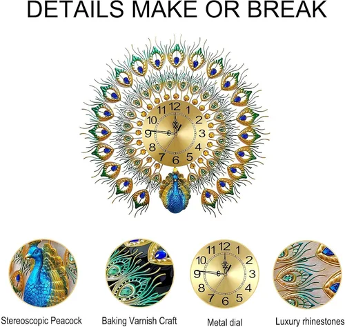 Miniatura 4 de Reloj de pared grande de estilo lujoso, estilo pavo real, de 23.7 pulgadas, sin tictac, silencioso, de cristal acrílico, decoración moderna y Azul