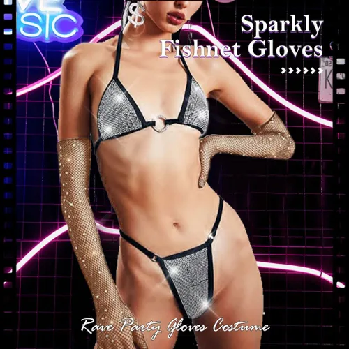Miniatura 6 de Guantes largos de malla con diamantes de imitación, guantes de red brillantes de moda, ópera, rave, fiesta, disfraces, guantes para mujeres y niñas