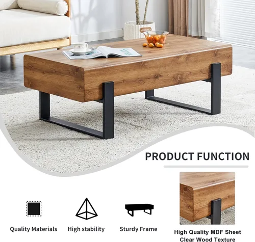 Miniatura 4 de LKTART Mesa de centro rectangular moderna de 47.24 pulgadas, patas de metal negro para sala de estar, comedor, dormitorio, oficina Rectángulo-marrón